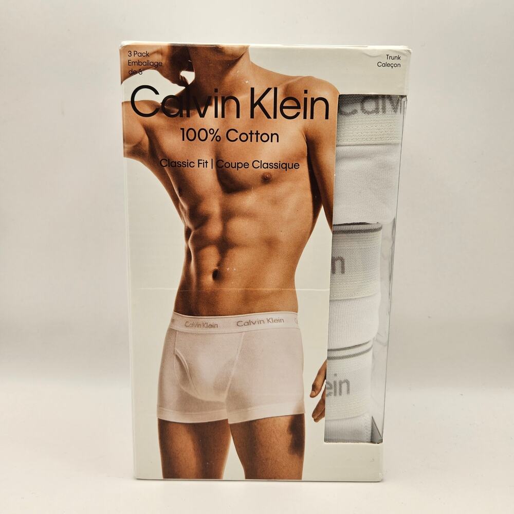CALVIN KLEIN MEN'S XXL 3 PACK CLASSIC FIT BOXER TRUNK WHITE 100% COTTON